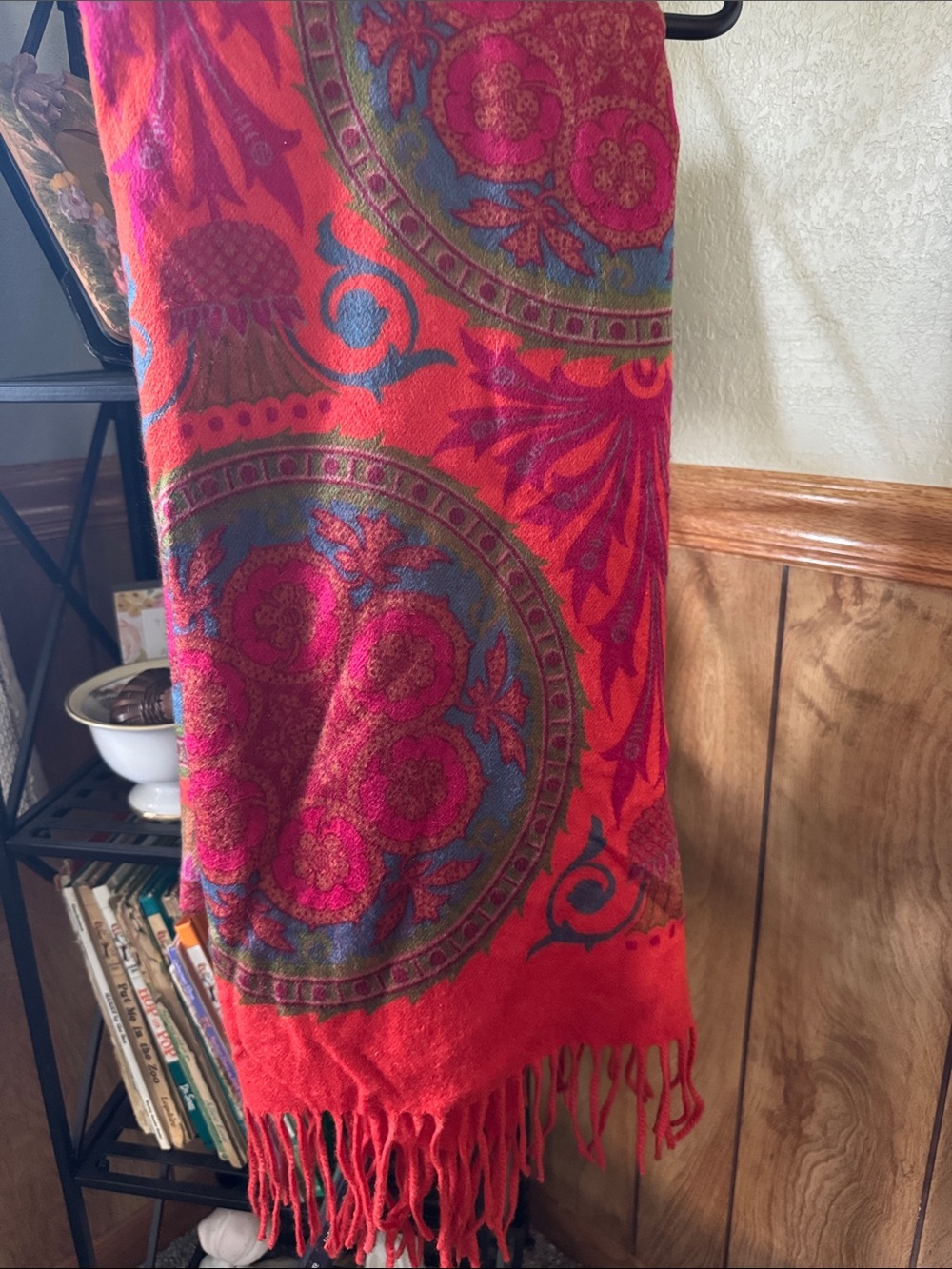 Red Floral Medallion Fringe Wrap Scarf